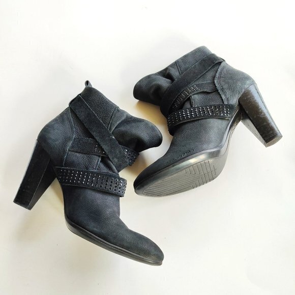 Ecco Black Leather Suede Heeled Ankle Boots Womens Size 36 Us Size 5 5.5 Shoes